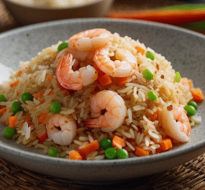 riz frit , épices cajun, saucisse fumée et crevette