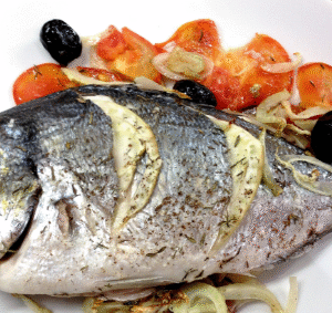 Daurade entière au four, riz et haricots verts