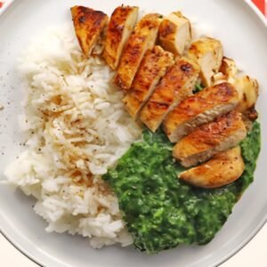 Emincé de poulet au Boursin, riz et haricots plats